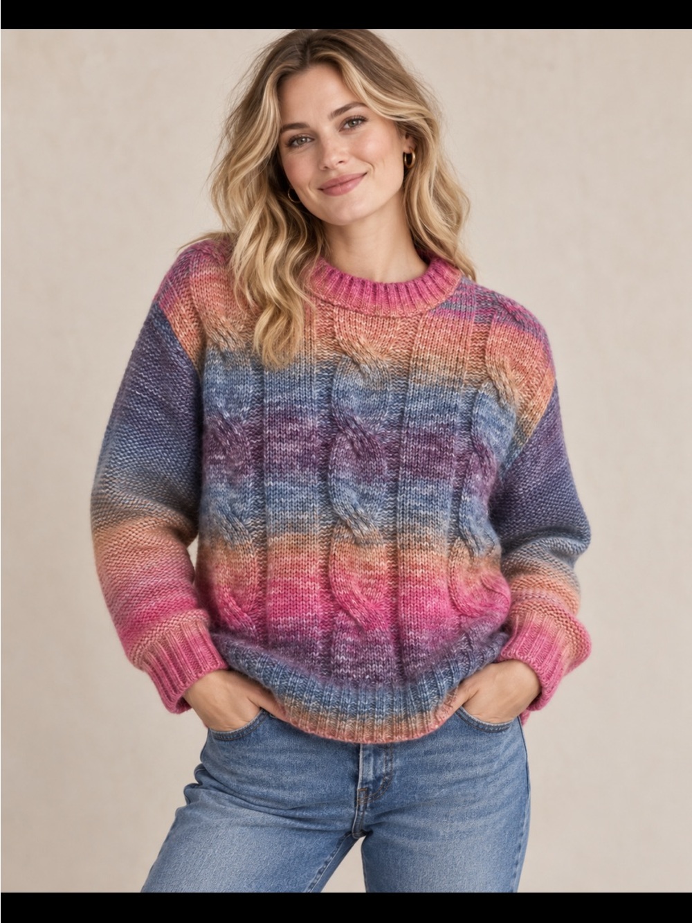 Women's Multicolor Gradient Cable Crewneck Sweater - Pink & Purple